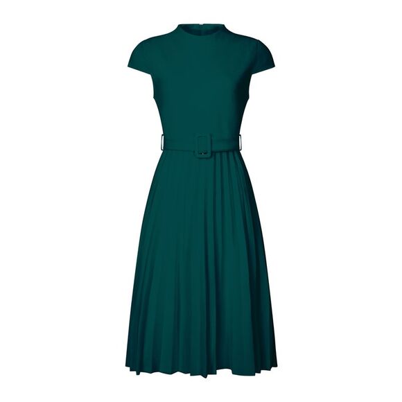 Hobemty Dresses & Skirts - Pleated Dress Mock Neck Cap Sleeve Belted A-Line Dresses Green